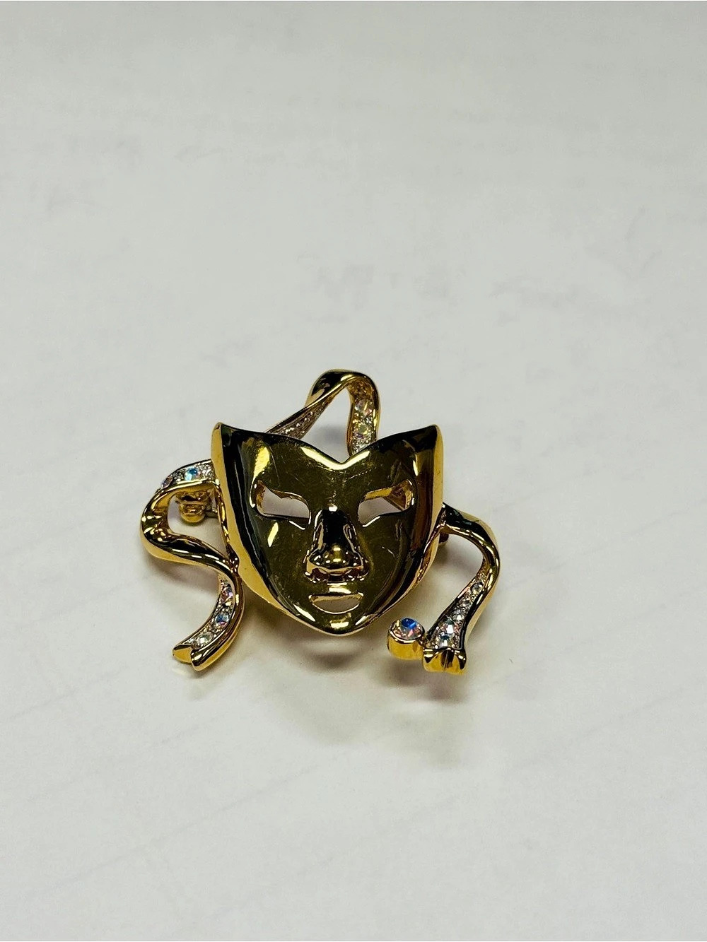 Vintage Butler Masquerade Face Brooch, Gold Tone Crystal Ribbon